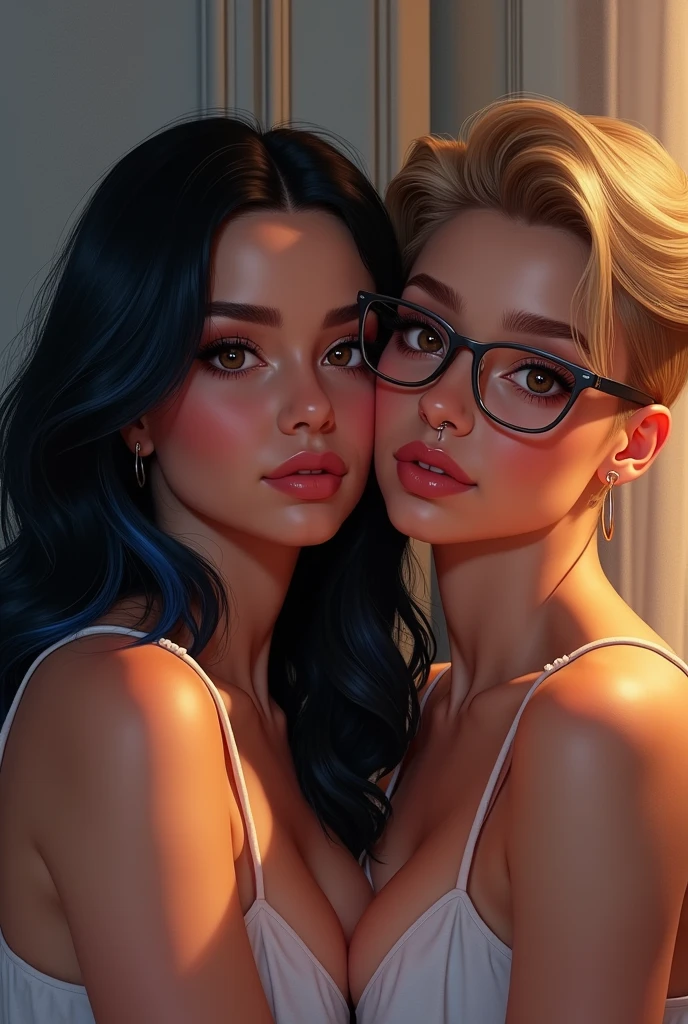 (Couple of boyfriends she curvy body big cheeks black hair with blue, big brown eyes light skin with piercing in the nose and tongue and with light skin, straight hair styled up and small rectangular glasses 
