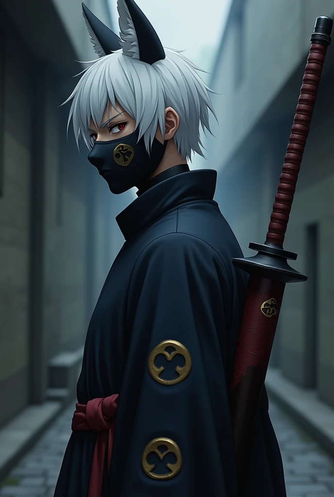 male anbu short white hair sideview, wearing akasuki robe, with big sword at back. wearing black fox mask with gold line eye, white eye, anime