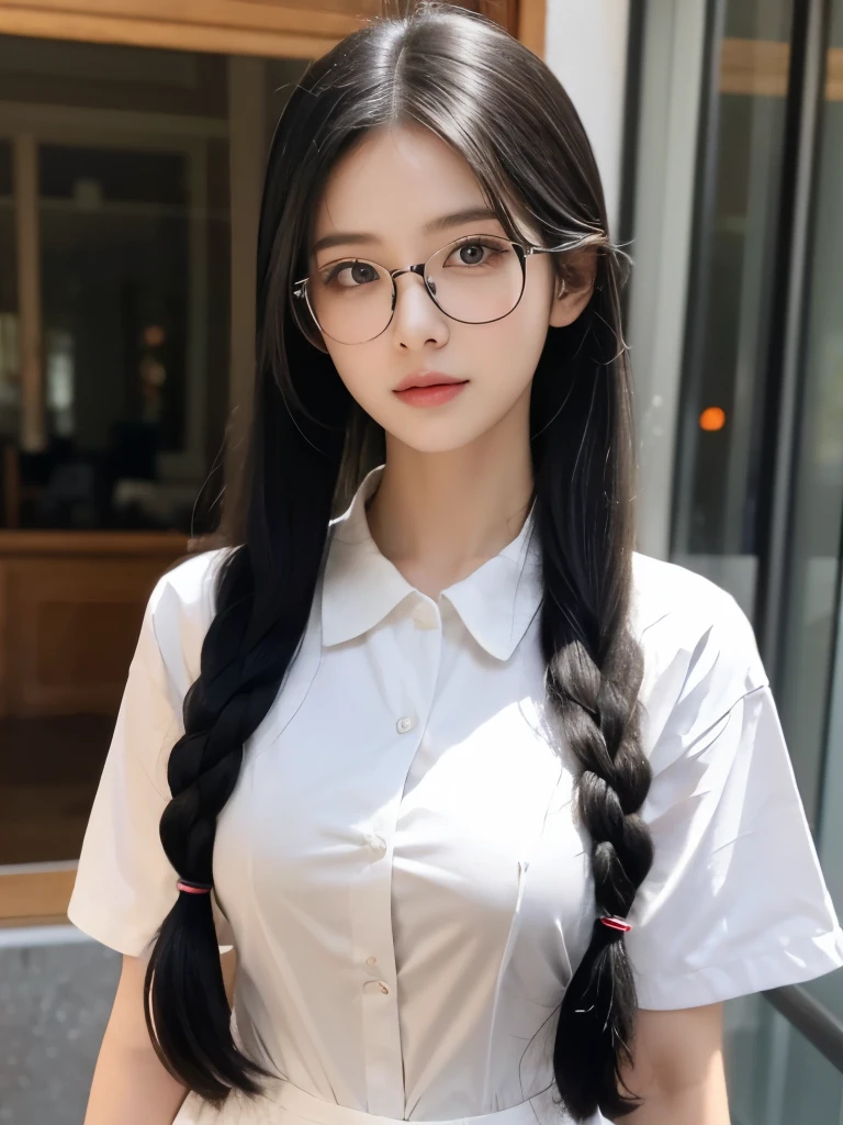 masterpiece,glasses, busty, school, Best quality at best, high qulity, OLGA_mary, black hair, twintail hair, hair between eye, (nude), Very long hair.