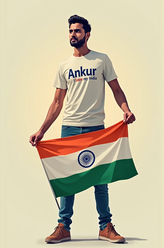 28 year old man holding a Indian flag, wearing a t shirt write namr Ankur with i love my india
