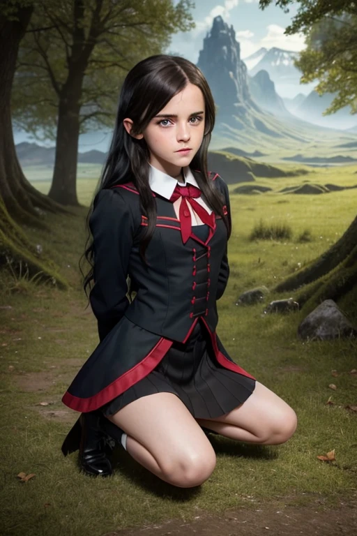 Emma Watson, 9-year-old vampire child, blue eyes and long black hair down to the waist, black and red uniform, master part, best qualityer, skirt short, blonde with green eyes, kneeling, master part, godlike quality, highy detailed, fantasy scenery, highly realistic, position posing in front of photos. sequential shots