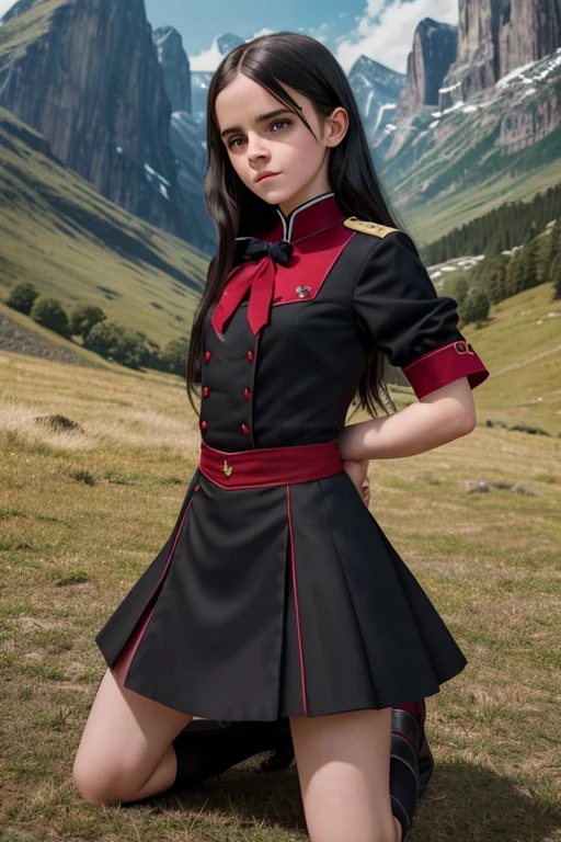 Emma Watson, 9-year-old vampire child, blue eyes and long black hair down to the waist, black and red uniform, master part, best qualityer, skirt short, blonde with green eyes, kneeling, master part, godlike quality, highy detailed, fantasy scenery, highly realistic, position posing in front of photos. sequential shots