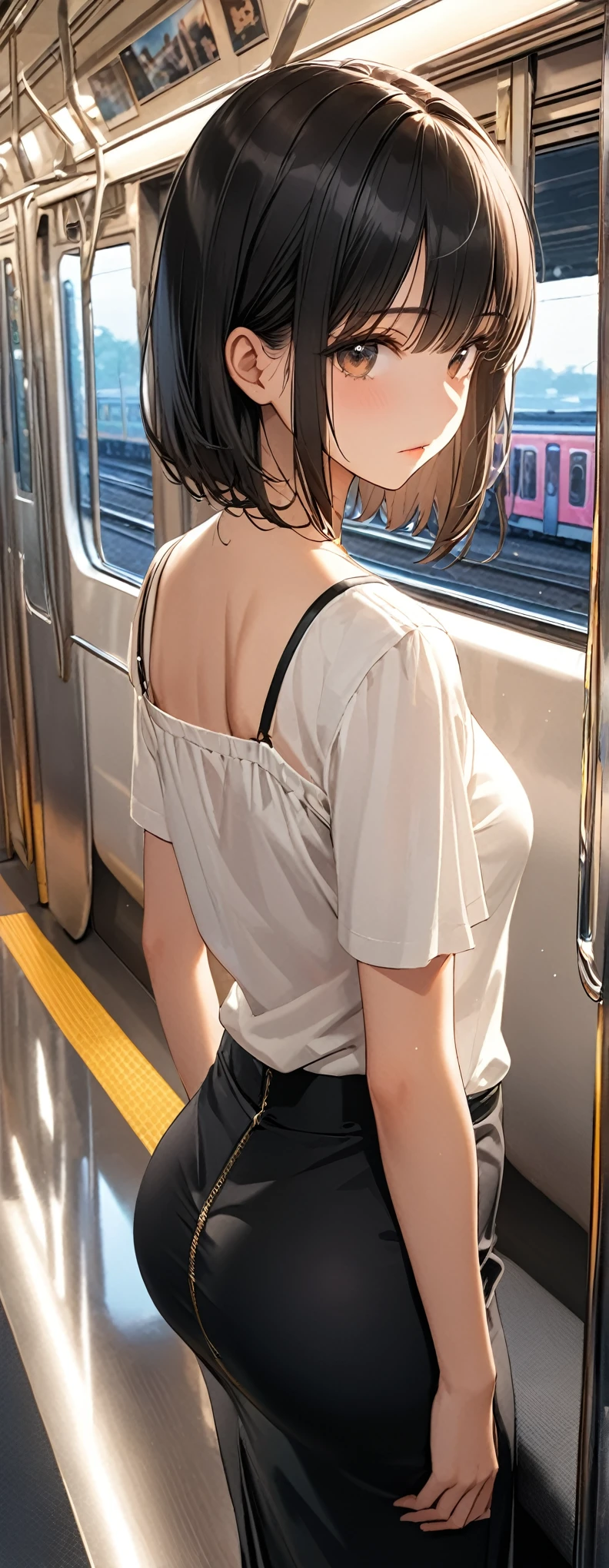 masterpiece, Highest quality, Ultra-high resolution, (beautiful girl: 1.3), Highest quality,8k,Highly detailed CG unit wallpaper,masterpiece:1.2,Ultra-high resolution,RAW Photos,Black Hair, Bobcut,Long eyelashes, Round eyes,drop shadow, Black camisole,Black Stretched Skirt,Looks 20 years old,(butt crack,1.8),evening,e235, train interior, scenery, seat, reflection, window, reflective floor, posters (object),(((Big round ass)),)She is standing,She has her back to me and is staring out the window at the train.,(From behind:1.8), (Gazing into the distance:1.3),