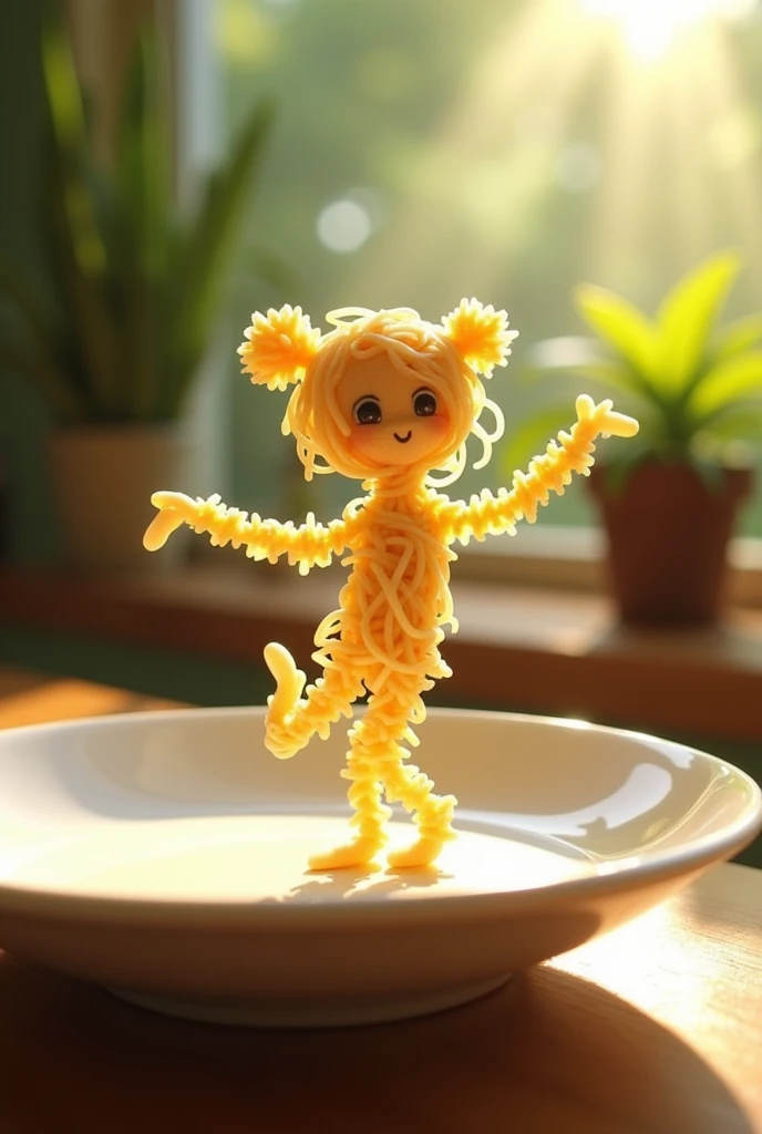 " A whimsical miniature figure composed of delicately arranged noodles , poised in a carefree dance on the rim of a plate , white shiny plate , set on a table , vibrant kitchen backdrop, where dappled sunlight filters through the canopy above, casting intricate shadows. The overall aesthetic is ethereal, with warm, earthy tones of sienna, umber, infused with hints of emerald and golden light, evoking a sense of wonder and enchantment , as if plucked from a fantastical realm.