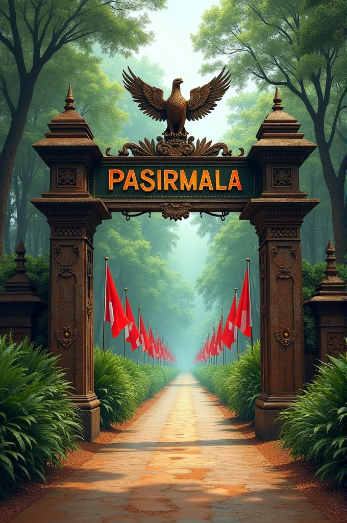 ((best quality)), ((masterpiece)), (detailed),
A gate with the words "PASIRMALA" written on it with a Garuda bird on the top, a footpath with a forest background with many red and indonesian flags on the side of the road.