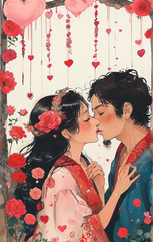 ink style, A cartoon-style illustration of lovers kissing, surrounded by Valentine's Day elements. The scene is vibrant and filled with hearts, Cupid's arrows, and pink and red decorations. Both characters exhibit exaggerated, joyful expressions of love, with their eyes closed in a blissful kiss. The background is adorned with symbols of romance, such as roses, chocolates, and a banner proclaiming 'Happy Valentine's Day,' all rendered in a playful, animated aesthetic, (Ghibli-like colours, UHD, masterpiece, ccurate, anatomically correct, textured skin, super detail, 8k)