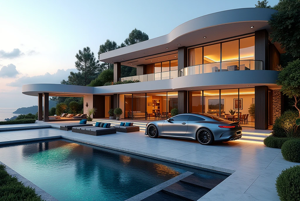 luxury home with a car parked in front of it, mercedes coupe amg, behind sea, luxury pool, luxury lifestyle, luxurious environment, luxury architecture, rich house, huge mansion, rich style, luxury and elite, extremely opulent, luxurious, hyper luxurious, majestic masterpiece, wealthy, luxury, stunning grand architecture, exquisite masterpiece, flaunting his wealth, inside a grand, architectural masterpiece