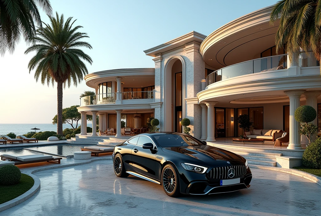 luxury home with a car parked in front of it, mercedes coupe amg, behind sea, luxury pool, luxury lifestyle, luxurious environment, luxury architecture, rich house, huge mansion, rich style, luxury and elite, extremely opulent, luxurious, hyper luxurious, majestic masterpiece, wealthy, luxury, stunning grand architecture, exquisite masterpiece, flaunting his wealth, inside a grand, architectural masterpiece