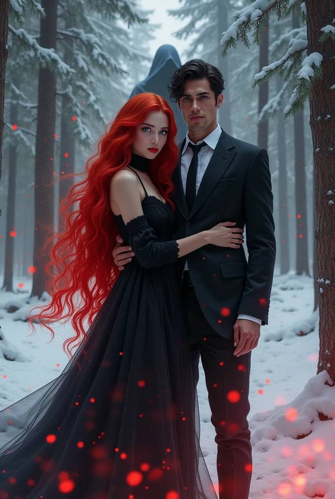 Generate an image of a young woman, long wavy hair dyed red, black high neck dress, blue eyes, Red lips, red energy emanating from her and her hair, in a snowy pine forest, next to a muscular young man, With a suit, medium black hair, In the background a hooded man dressed in black with his face covered