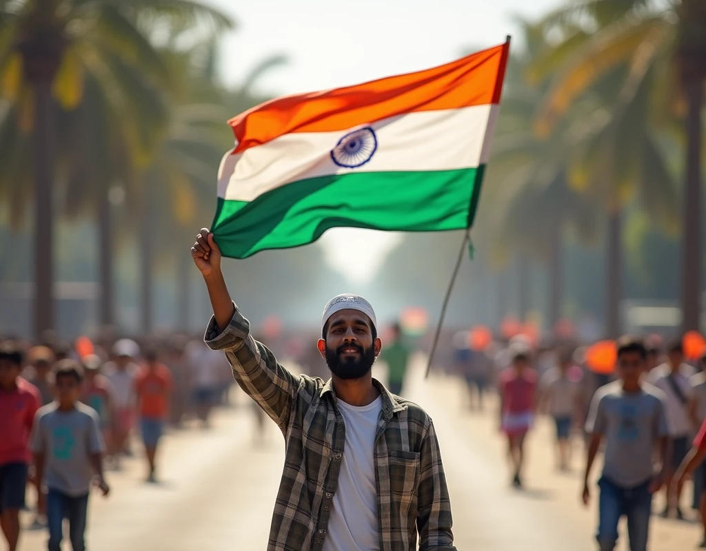 A arab Muslim man is waving the Indian flag on the road, while all the children around him watch with admiration."