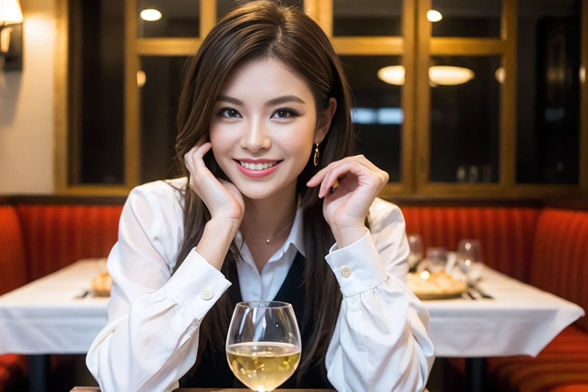 ((Highest quality、8k、masterpiece:1.3))、slimカップル、modelカップル、(Realistic, Intricate details:1.2), Japanese food、Buckwheat、Japanese sake、Shochu 、Amazing view of the sunset sky and clouds、A bright smile、The wonderfulness of smile、Bright image、Beautiful Face, blue eyes, The light shines on your face, blush, short hair,Bright Face、 (Age 37), 39 years old, sparkling wine、Two beauties、Brown Hair、Shortcuts、Long sleeve shirt、dress、Beautiful woman 1, (slimな顔), (The body is slim), (Brown Hair), (Shortcuts), cheeks turn a little red,Attractive beauty、restaurant, In a prominent place (From the waist up) Nova Frog Style, actress, model, Upper Body, White wine, slim, smile, (smile: 1.15), Beautiful fine grain, Depth f/2,saturation, High Contrast, Strong light and shadow,Moist Body:1.5、3D texture、Delicate eyes、Brown Hair、The hair is very shiny、