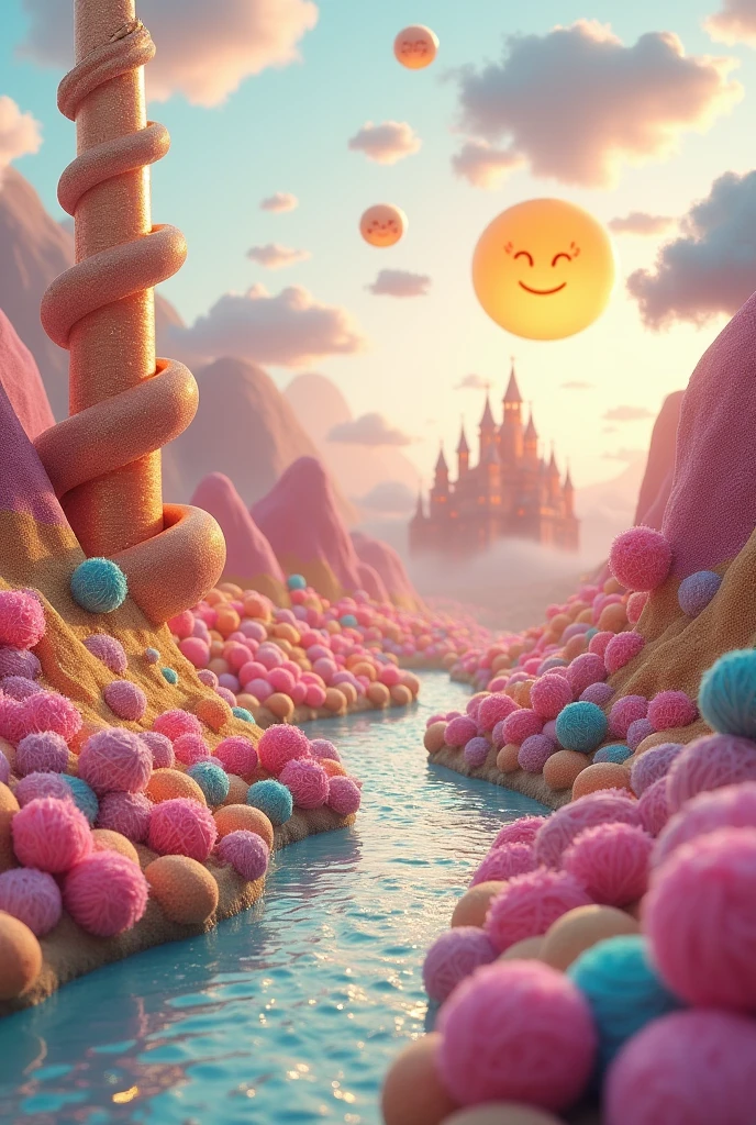 All the materials blend seamlessly together, creating a fairy tale story style, a river made of gold, silver and rainbow thread, a tower made of copper plated coils, hills and mountains made of yarn balls, a castle made of pastel colored sweets, cotton candy clouds, a smiling glossy sun made of candy, shading effects, gradation magic effects, foggy filter effects, glitter effects, (ultra detailed, absolutely resolution, best quality:1.3), 2.5D, delicate and dynamic, graphic CG digital fantasy art