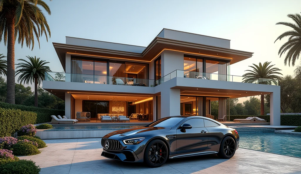 luxury home with a car parked in front of it, mercedes coupe amg, behind sea, luxury pool, luxury lifestyle, luxurious environment, luxury architecture, rich house, huge mansion, rich style, luxury and elite, extremely opulent, luxurious, hyper luxurious, majestic masterpiece, wealthy, luxury, stunning grand architecture, exquisite masterpiece, flaunting his wealth, inside a grand, architectural masterpiece