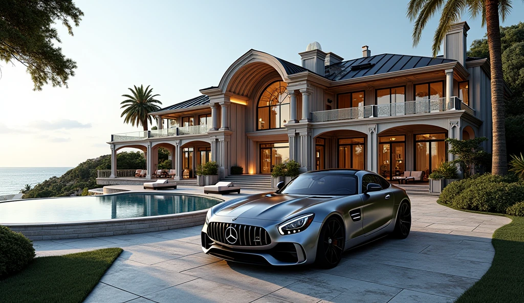 luxury home with a car parked in front of it, mercedes coupe amg, behind sea, luxury pool, luxury lifestyle, luxurious environment, luxury architecture, rich house, huge mansion, rich style, luxury and elite, extremely opulent, luxurious, hyper luxurious, majestic masterpiece, wealthy, luxury, stunning grand architecture, exquisite masterpiece, flaunting his wealth, inside a grand, architectural masterpiece