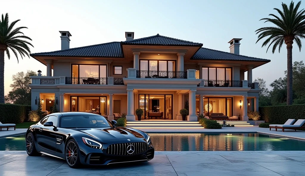 luxury home with a car parked in front of it, mercedes coupe amg, behind sea, luxury pool, luxury lifestyle, luxurious environment, luxury architecture, rich house, huge mansion, rich style, luxury and elite, extremely opulent, luxurious, hyper luxurious, majestic masterpiece, wealthy, luxury, stunning grand architecture, exquisite masterpiece, flaunting his wealth, inside a grand, architectural masterpiece