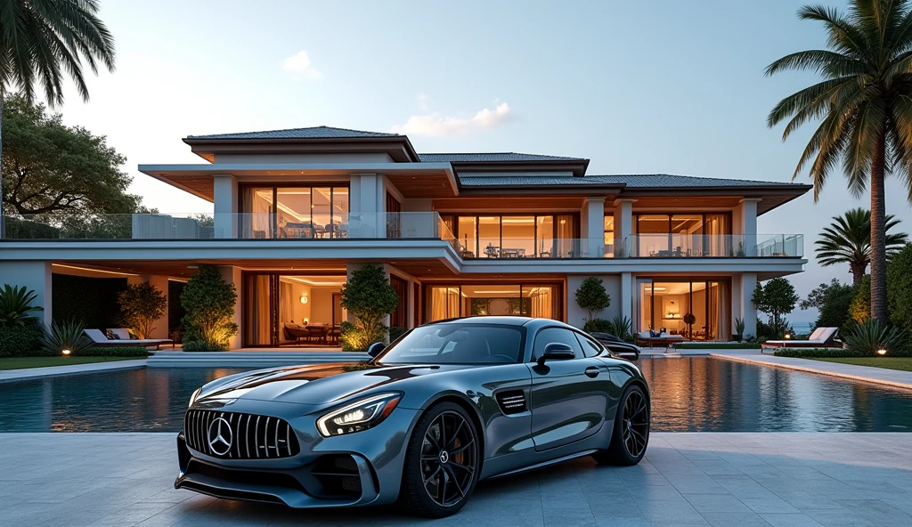 luxury home with a car parked in front of it, mercedes coupe amg, behind sea, luxury pool, luxury lifestyle, luxurious environment, luxury architecture, rich house, huge mansion, rich style, luxury and elite, extremely opulent, luxurious, hyper luxurious, majestic masterpiece, wealthy, luxury, stunning grand architecture, exquisite masterpiece, flaunting his wealth, inside a grand, architectural masterpiece