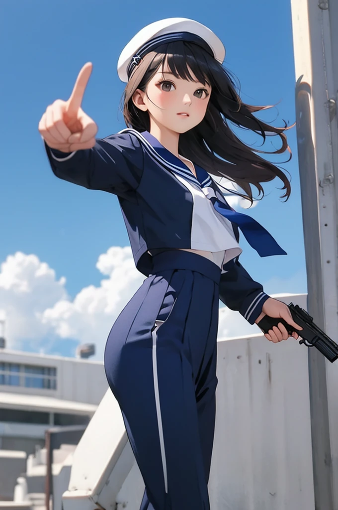 Sure Pistol,
Blue sailor collar,double、Gun Pointing Pose、Academy、One person
