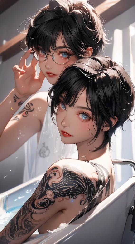 Practical,photoPractical,photo-Practical:1.37,4K,8K,high resolution,masterpiece:1.2,Extremely detailed,Detailed tattoo,Detailed tattoo on back,Beautiful and delicate eyes,Beautiful and delicate lips,Extremely detailed eyes and face,Long eyelashes, female figure,Big Ass,ck short hair,Black hair((Beautiful nipplesk in the bathtub))((Many tattoos all over the body))((Smart glasses))((Very short hair))((Open your legs))((bathroom))((bath))