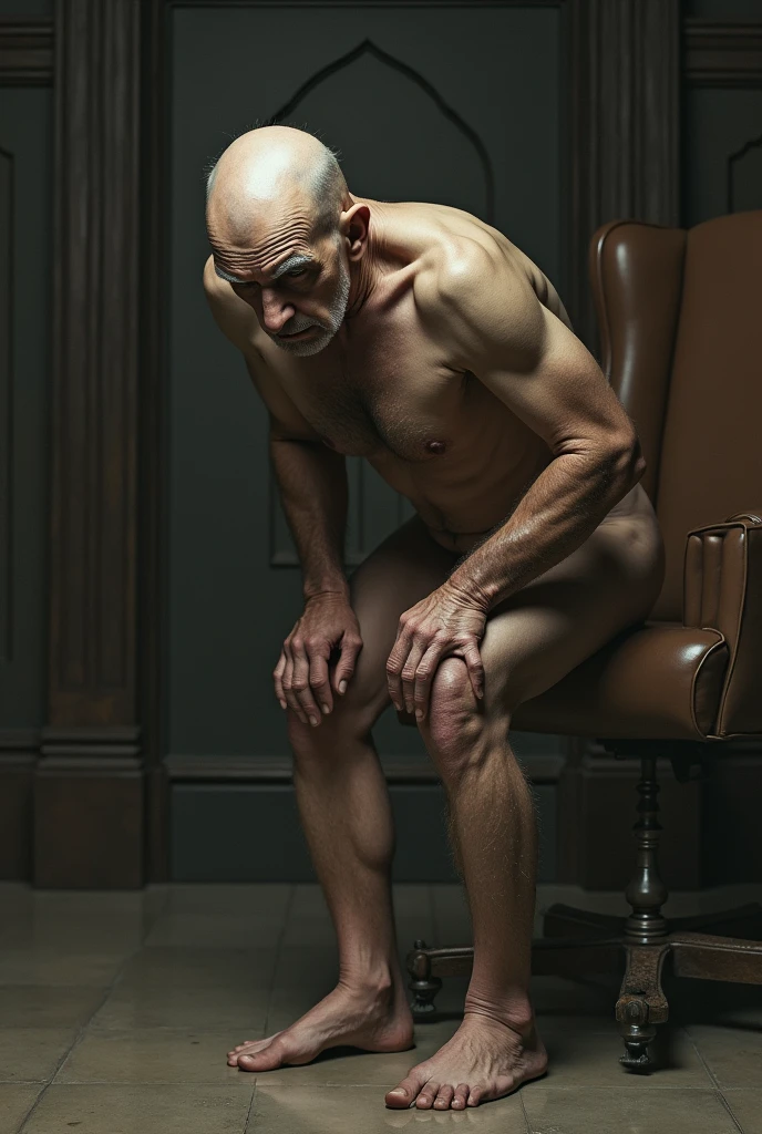 Bald judge with no beard, bent over, naked.