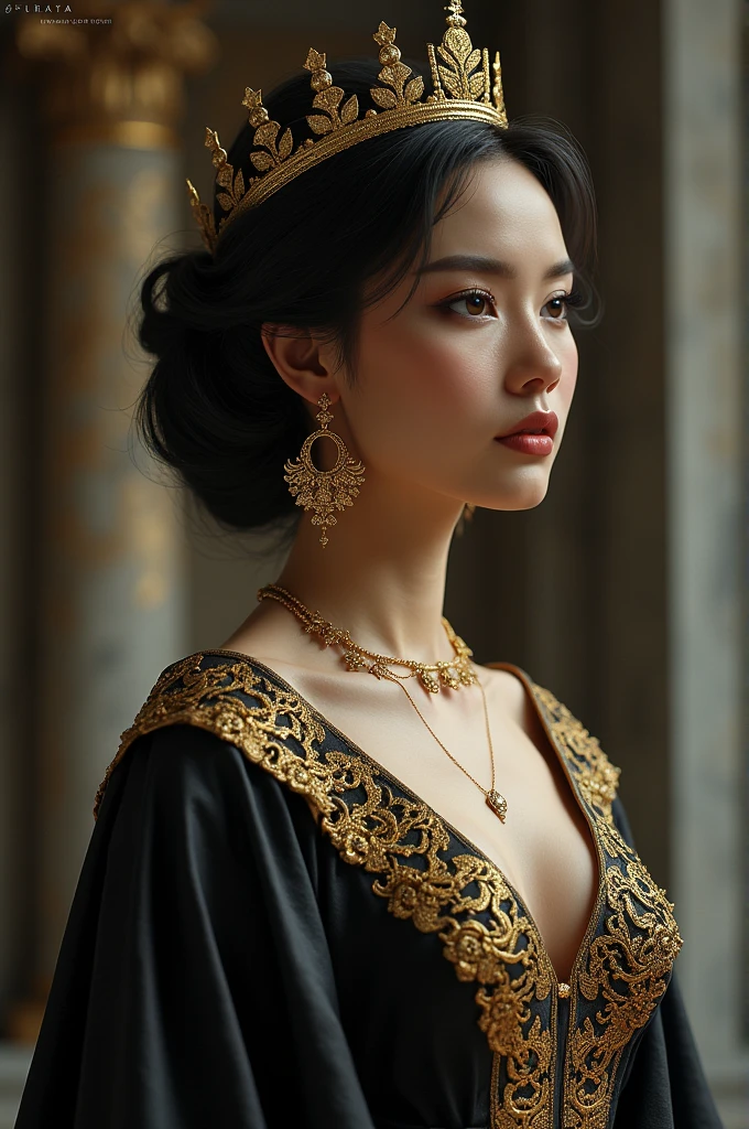 /imagine prompt: A regal chess queen with intricate, elegant golden earrings. The queen is designed with a sophisticated and luxurious style, featuring a blend of realism and artistry. The color palette includes rich gold, deep blacks, and subtle grays, creating a striking and classy look. The background is minimal to keep the focus on the queen and her adornments. The overall image should convey a sense of elegance and high-end fashion, suitable for a semi-joias brand --v 5 --ar 4:5 --q 2
