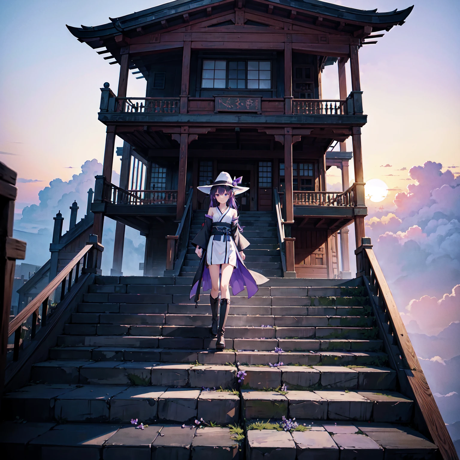 The only structure present in the painting is a simple staircase made of iron. There is no land. There are no walls. There is no background other than the staircase. A girl with long violet-purple hair. A kind, full smile. Pointy elf ears. Her clothes are simple: a black robe with wide sleeves and a black miniskirt. Her knees are showing. There is a V-shaped white insert in the front, like a kimono. A witch's hat with purple ribbons on each side. Black boots. Background, bright painting, Makoto Shinkai, only endless stairs, stairs above clouds, illustration, nostalgic, vivid, bright, sunset. A maze of connected stairs. A labyrinth of stairs. Not touching land. A simple iron staircase. Decaying old staircase.