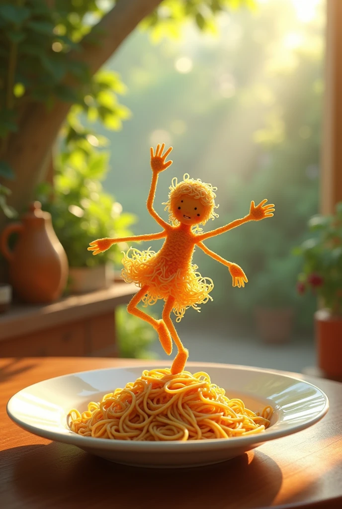 " A whimsical miniature figure composed of delicately arranged noodles , poised in a carefree dance on the rim of a plate , white shiny plate , set on a table , vibrant kitchen backdrop, where dappled sunlight filters through the canopy above, casting intricate shadows. The overall aesthetic is ethereal, with warm, earthy tones of sienna, umber, infused with hints of emerald and golden light, evoking a sense of wonder and enchantment , as if plucked from a fantastical realm.