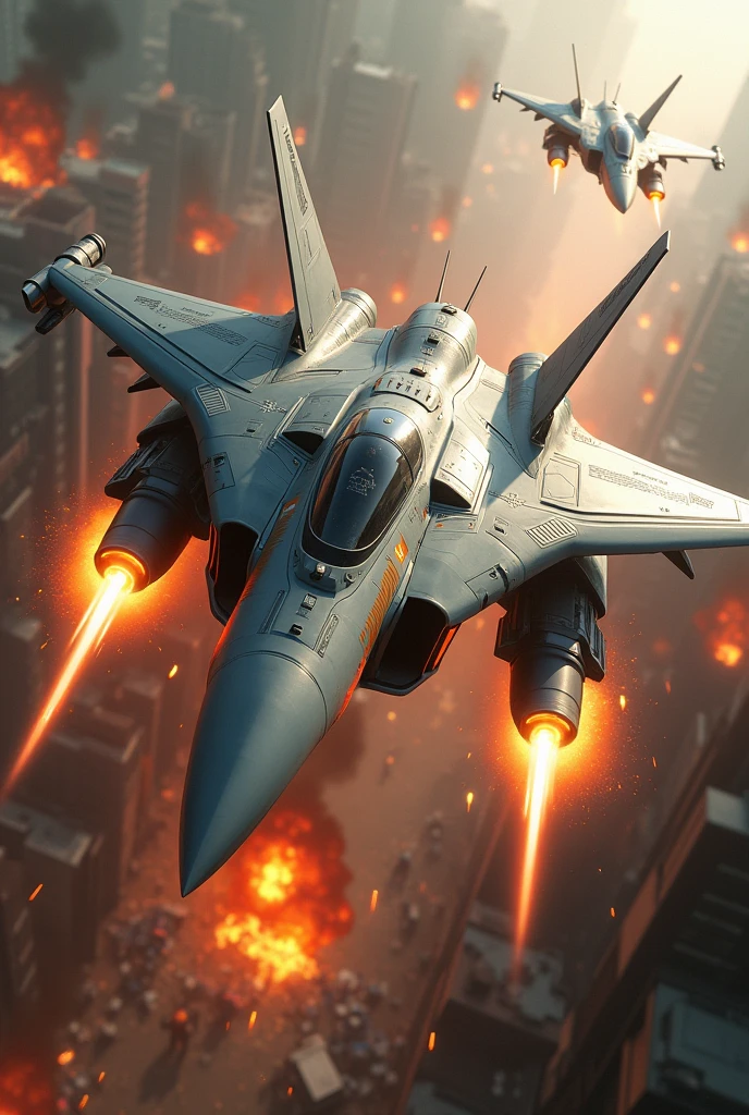 A massive fighter jet shaped like a Colt pistol, spewing fire from its muzzle, races across the battlefield.