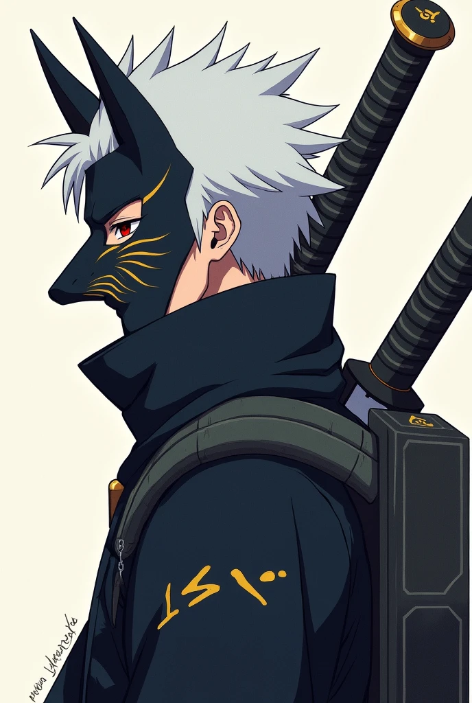 male anbu short white hair sideview, wearing akasuki robe, with big sword at back. wearing black full face fox mask with gold line eye, anime