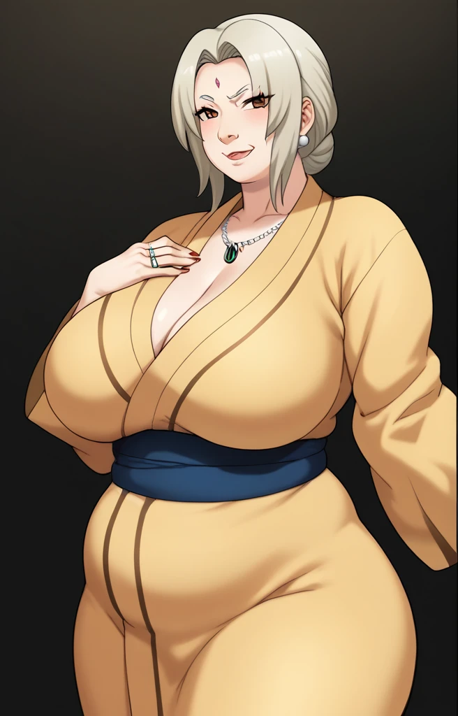 Tsunade senju,Big breast,Sagging big breast,Hitozuma,cleavage,uzumaki clan symbol in outfit,Wringkle,wedding ring,Low bun hair,Sleeve outfit,old lady,Wringkle in face,Grandma who still have sexy body,Gilf,standing,potrait,Uzumaki tsunade,Plump,Sleeve,Wide hips,1girl,Solo,Tsunade pendant