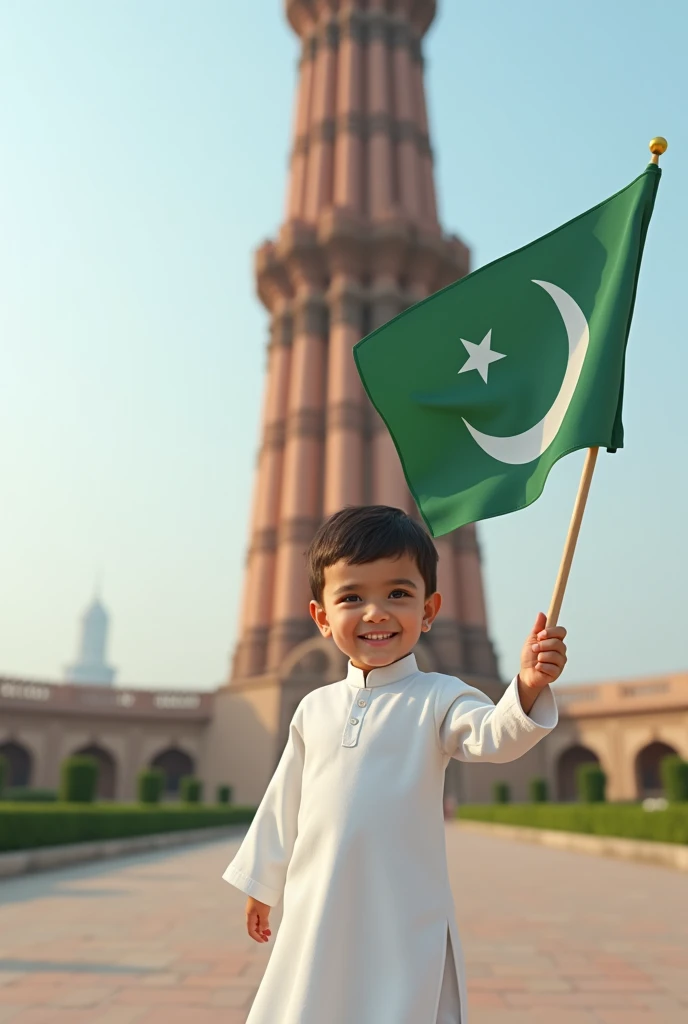 A -5 yrs wearing whie shalwar kameez with holding Pakistan flag on one hand in front of minar e Pakistan in lahore and smiling kid face should be asian face