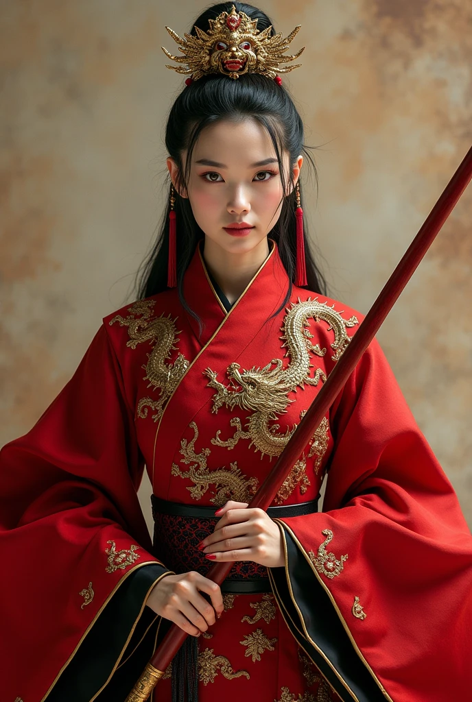 Shu Qi as female version of Sun Wukong, the Monkey King 8k super detailed, beautiful and aesthetic, heavy Chinese armor: red cloak one hand holding long stick Golden dragon