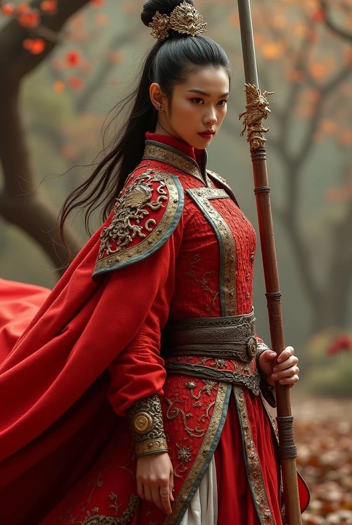 Shu Qi as female version of Sun Wukong, the Monkey King 8k super detailed, beautiful and aesthetic, heavy Chinese armor: red cloak one hand holding long stick Golden dragon
