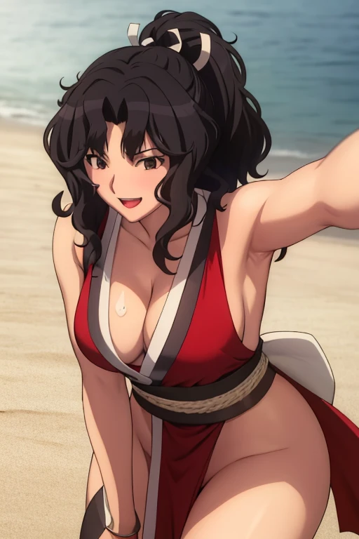 masterpiece, best quality, beautiful art, high resolution, well formed hands, body and fingers, 1 woman, solo, Kaoru Tanamachi, 31 years old, red makeup, red lipstick,adult, grown up,  cosplaying as Mai Shiranui , mai_shiranui_cosplay, adult, large and big breasted, cleavage, full body , hair ribbon, gorgeous legs and, thighs, sexy Japanese clothes, hair ornament , sexy and bare legs , hips and thighs, panties peek, fighting in a combat match, showing her fighting skills, making her guard, about to hit the viewer, looking at the viewer, panties peek, sweating, bouncing breasts, smiling joyfully and brightly, seductive face, being confident and proud, action and fighting scene, martial arts tournament on the beach
