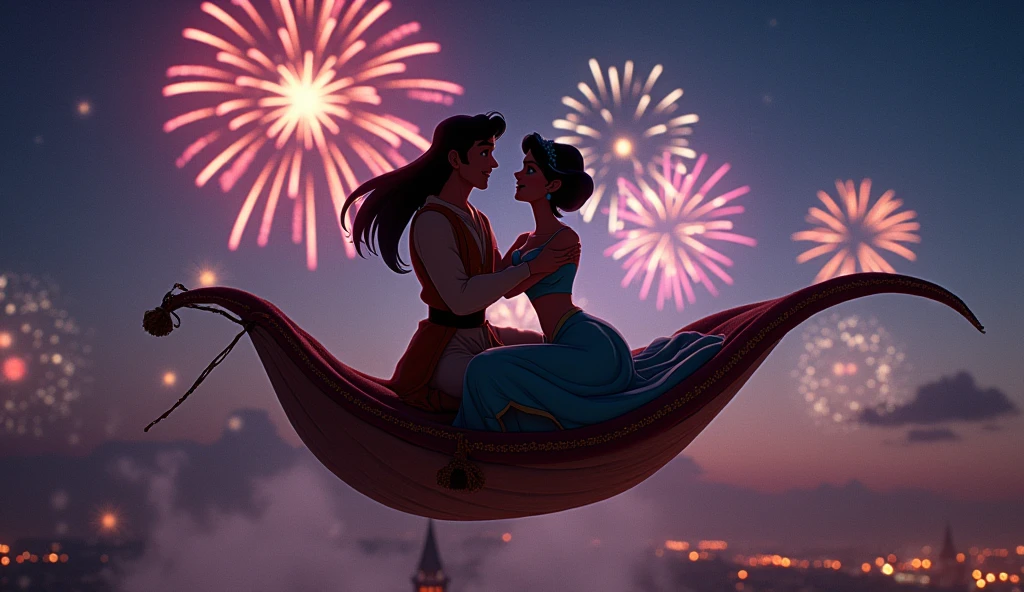 Aladdin and Jasmin flying in the magic carpet at night, fireworks in the background. (Cinematic), (1950s film, fantasy movie, retro, realistic, technicolor), (shot in super Panavision 70)