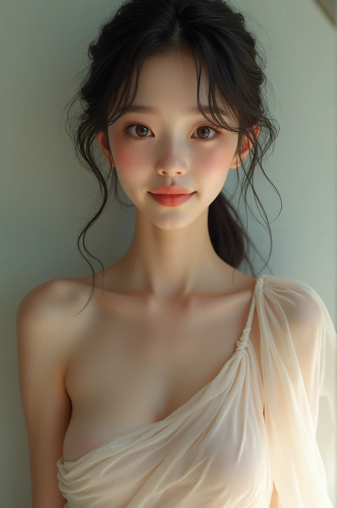 A -yeld beiful girl with an idol-like face in a one-shoulder dress, exposing her chest, smiling like she's about to cry