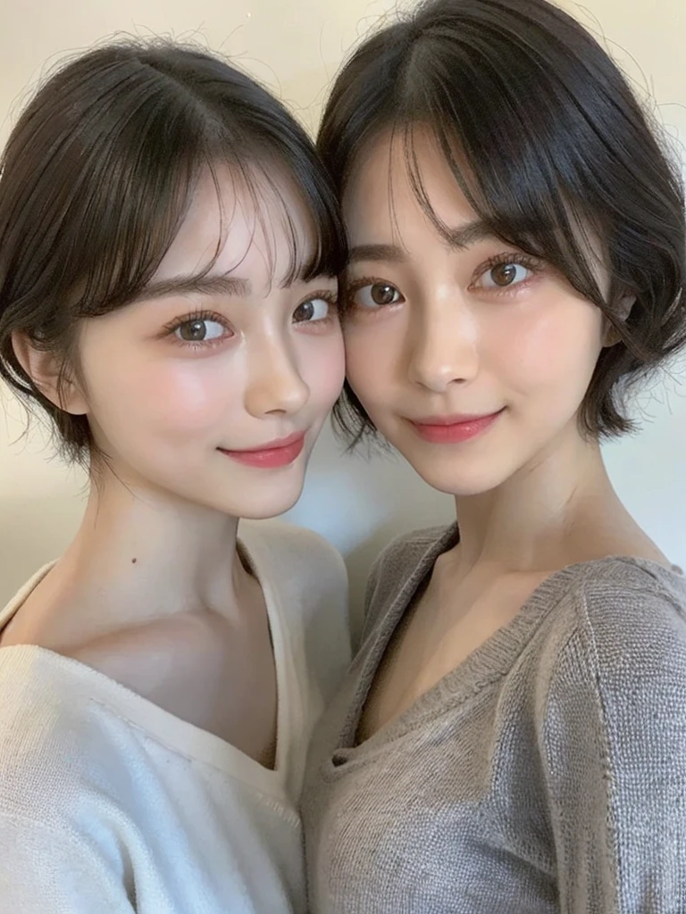 (masterpiece:1.3), (8k, Photoreal, Raw photo, best image quality: 1.4), Japanese high school girl、(random hairstyle:1.2)、cleavage:1.5、super detail face、eye for details、double eyelid、chest to chest、sharp focus:1.2、Beautiful woman:1.4、light brown hair、highest quality、masterpiece、超A high resolution、(Photoreal:1.4)、Highly detailed and professionally lit smiles、loose and light knitwear、shoulder out、thin、serious expression、short haired、deadly position
similar identical twins
All the girls have the exact same face, The two have the same face and figure, as if they were mirror images.