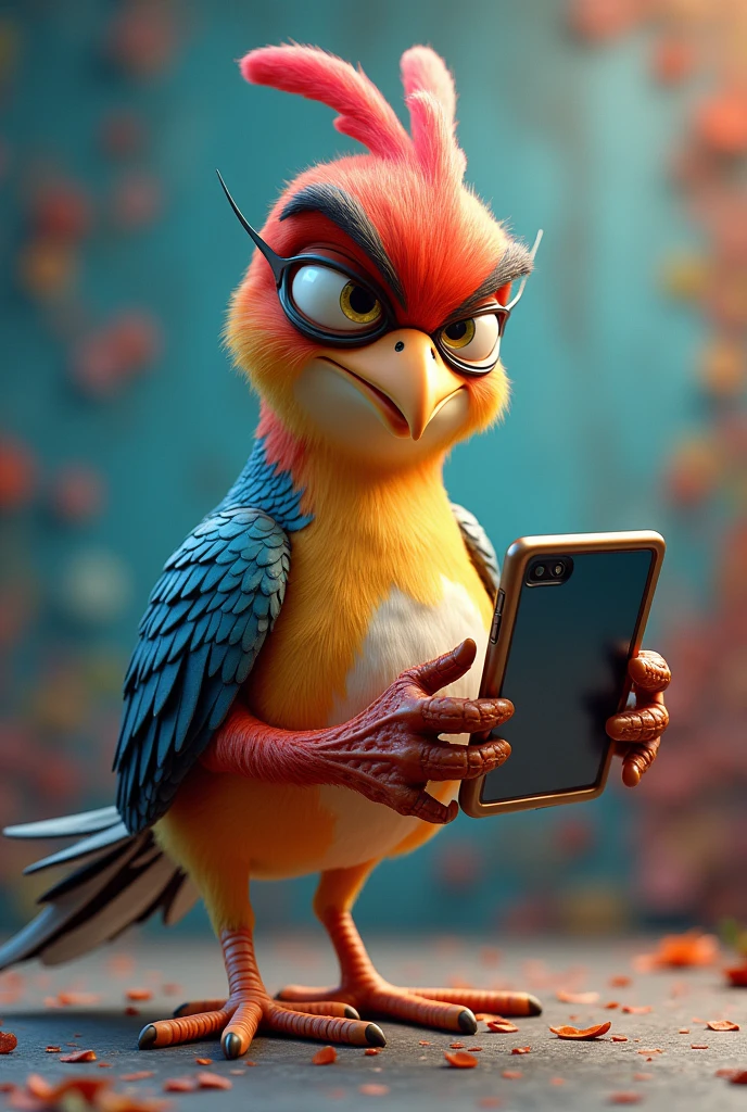 A bird character holding a smartphone with a lewd face.