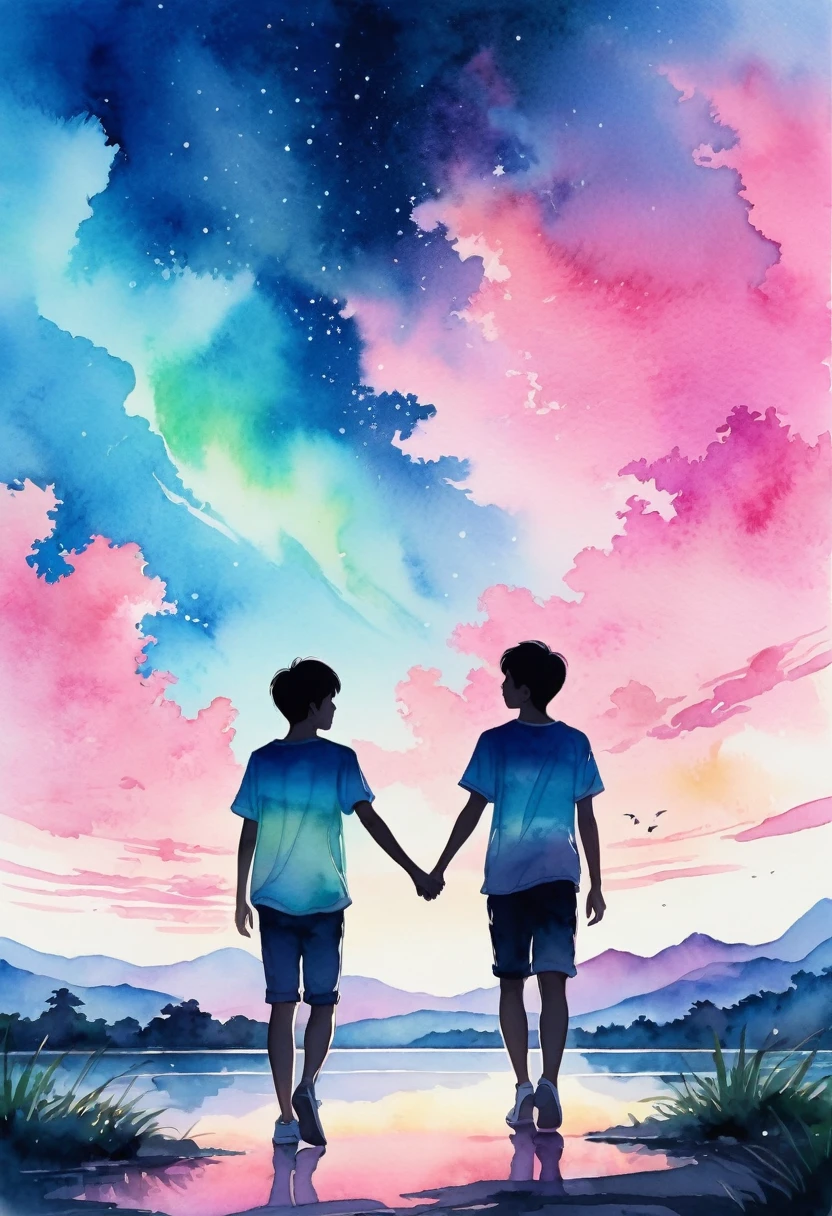 ((masterpiece))((Fair))((actual))Baiyun, Blue sky and pink aurora,Size 4MB,Quiet and refreshing,It is a light watercolor style(it has a summer vibe),Two boys holding hands in the background(teenager,18 years old) (Silhouette),It gives people a youthful feeling(contour)