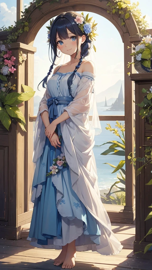(masterpiece、Highest quality、Highest quality、Beautiful and beautiful:1.2)、(Watercolor painting 1.5)、Aerial view、(Standing posture:1.2)、Wide blue sky、A picture of braided hair、Round and beautiful eyes、Detailed、Beautiful smile、Soft Focus、Flower Fairy、A body the size of a flower、barefoot、Pure、charm、Fantasy、Botanical Art、Sharp Focus、Refreshing texture