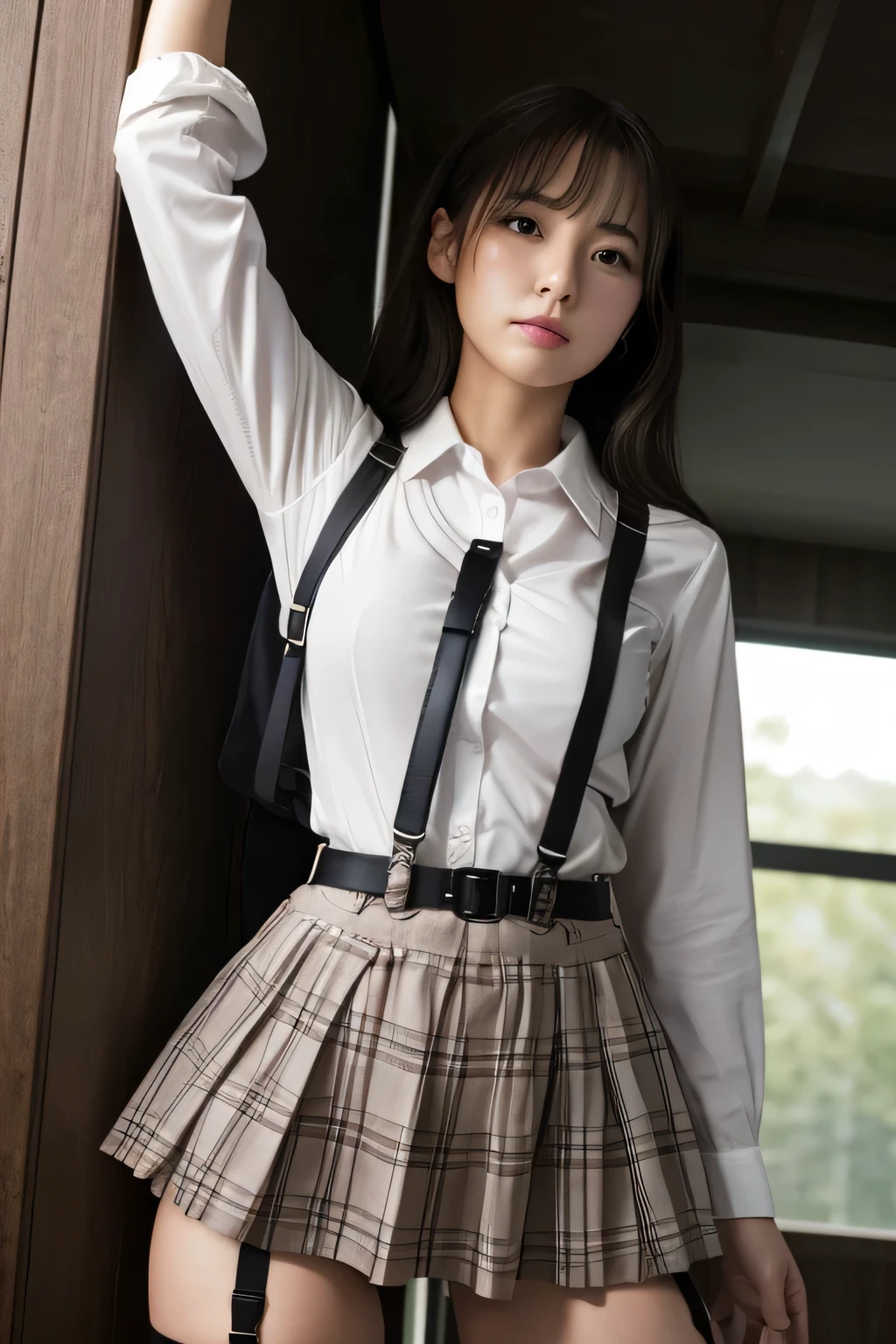 1 female, , high quality, masterpiece, Ultra-high resolution, Cinema Lighting, 1 female, , high quality, masterpiece, Ultra-high resolution, , Cinema Lighting, suspenders Moderate breasts Small face Looking up Sweat Thin belt buzzer 脇Sweat garter belt Belt on pants holster Hands behind your back Looking up Anxious face Knee-high Knee socks Knee-highソックス garter ふとももにgarter belt Checkered mini skirt Panty shot Skirt gap Armament holster holster Hands behind your back Anxious expression Anxious face, legs apart Armament Leg Holster holster See-through clothing heavy rain Rain-soaked dress shirt,Moderate breasts ガーターbelt suspenders Garter on the thigh Checkered mini skirt Looking up Pause belt Armpit sweat Hands behind back Raise your hands