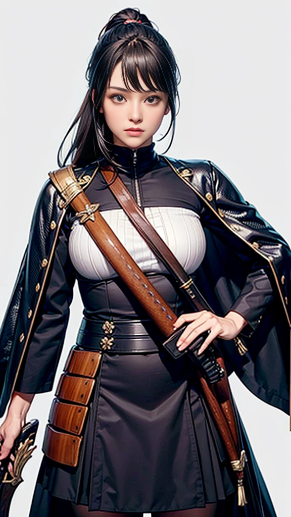 masterpiece,Highest quality,One beautiful woman, A single matchlock gun:1.2, (((matchlock))),arquebus,Have, Long Hair, Black Hair, Holding Gun, Virtual YouTuber, View your viewers, Aim,Cowboy Shot,((Black Armor)),samurai:1.2,((Pure white background)),dynamic