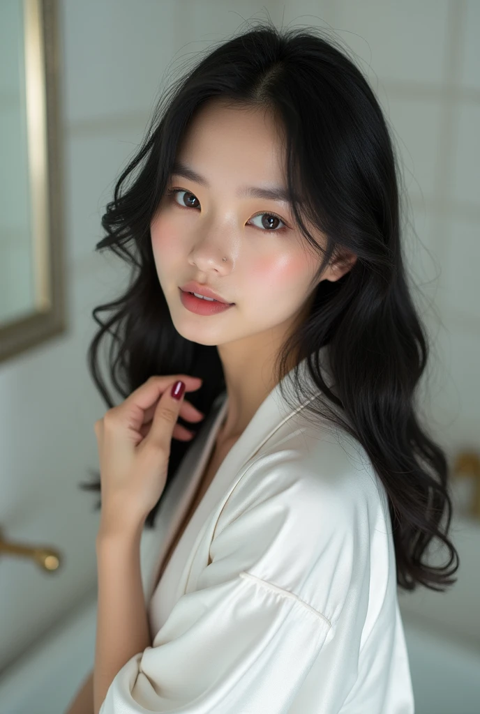 Create a beautiful woman with Asian features.,Regular facial features,Wearing a white satin bathrobe,Running both hands through their hair,Open your eyes,The characters are realistic and realistic,Bathroom Background,Character front position,9:16 frames,Ultra-high-definition picture quality
