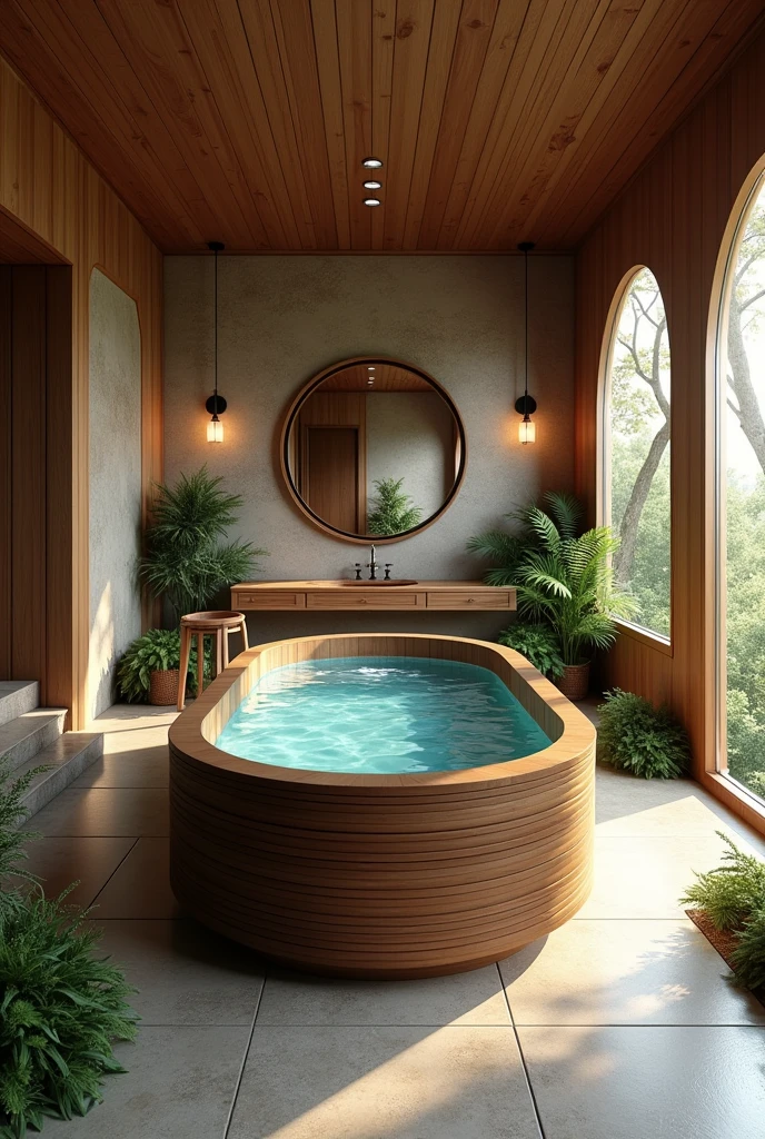 The image shows a luxurious spa-like room with a large wooden bathtub in the center. The bathtub is made of a dark wood and has a curved edge. It is filled with crystal clear water and is surrounded by a stone floor. On the left side of the bathtub, there is a stone wall with a round mirror hanging above it. The walls are made of wooden panels and there are two round windows on the right side, allowing natural light to enter the room. The room is decorated with plants and other greenery, creating a natural and rustic atmosphere. The overall ambiance of the room is warm and inviting.4k realistic