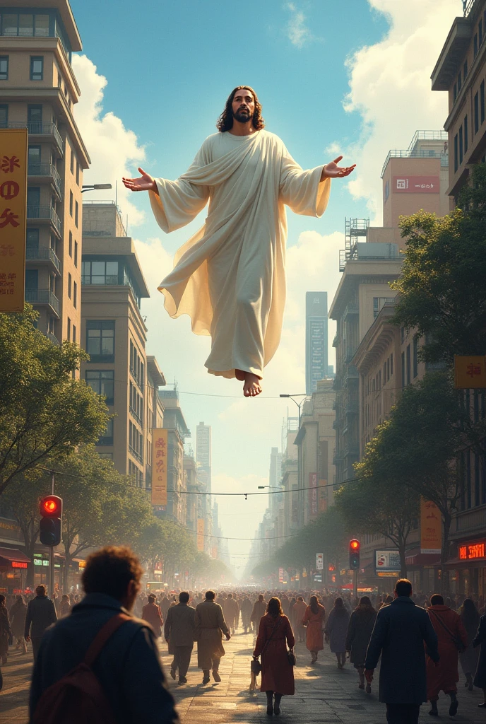 A city below with many people walking and living normally, and above the sky with Jesus looking down at it, showing that love is taking shape.