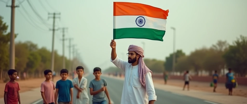 A arab Muslim man is waving the Indian flag on the road, while all the children around him watch with admiration."
