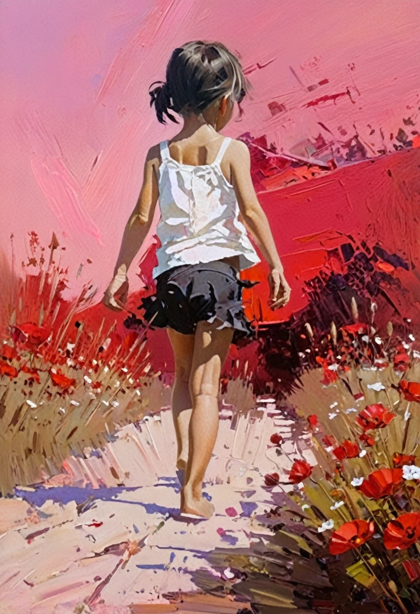 (A girl of about with unkempt black hair.:1.2)、Spread your hands to the sides、Spread your legs、A painting blocking the progress of a large 1panzer approaching directly ahead from the back.、(A large panzer coming towards us in the background:1.2)、red and black gradient sky color、Low light、The smallest white flower in the foreground、Apparently the girl is blocking the small flowers from being run over by 1panzer.、intricate and intense Oil paints, Abstract Painting, intricate Oil paintsing artwork, Vadim Kashin、Realistic, gives the viewer a detailed impact, a portrait painted with oil paint, , intricate and wet Oil paints, Oil paints, New art beyond dimensions, Ryan Hewett、bichu、oil paintin、A three-dimensional painting、super masterpiece、Ultra high definition、vivid colors、
