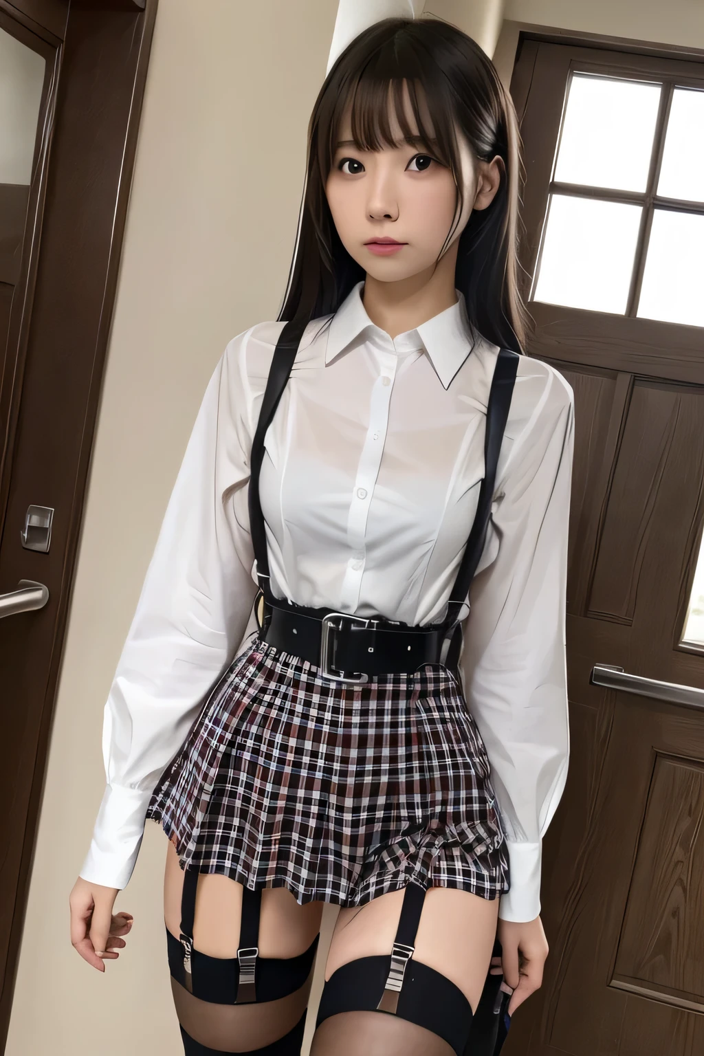 1 female, , high quality, masterpiece, Ultra-high resolution, Cinema Lighting, 1 female, , high quality, masterpiece, Ultra-high resolution, , Cinema Lighting, suspenders Moderate breasts Small face Looking up Sweat Thin belt buzzer 脇Sweat garter belt Belt on pants holster Hands behind your back Looking up Anxious face Knee-high Knee socks Knee-highソックス garter ふとももにgarter belt Checkered mini skirt Panty shot Skirt gap Armament holster holster Hands behind your back Anxious expression Anxious face, legs apart Armament Leg Holster holster See-through clothing heavy rain Rain-soaked dress shirt,Moderate breasts ガーターbelt suspenders Garter on the thigh Checkered mini skirt Looking up Pause belt Armpit sweat Hands behind back Raise your hands