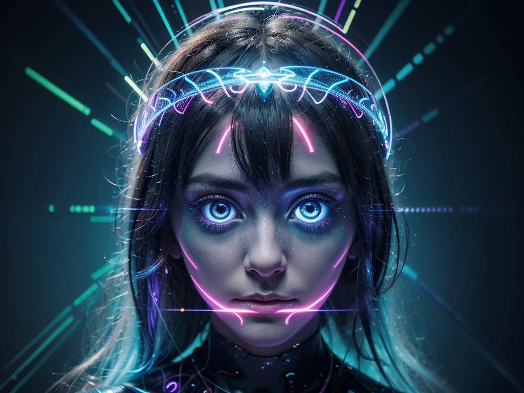 A brilliantly ethereal digital philosopher, each pixel brimming with pulsating energy: circuits glowing with vibrant neon hues, holographic projections shimmering in mysterious patterns, and eyes shining with ancient knowledge. The surreal image, a futuristic digital painting, encapsulates a fusion of wisdom and technology, inviting viewers to ponder the profound concepts of existence and consciousness. Impeccably detailed and richly layered, this artwork transcends the boundaries of imagination with its otherworldly allure.