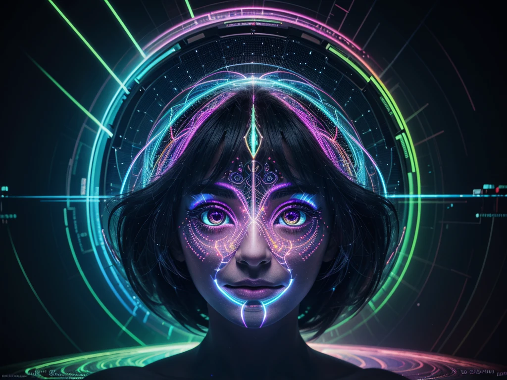 A brilliantly ethereal digital philosopher, each pixel brimming with pulsating energy: circuits glowing with vibrant neon hues, holographic projections shimmering in mysterious patterns, and eyes shining with ancient knowledge. The surreal image, a futuristic digital painting, encapsulates a fusion of wisdom and technology, inviting viewers to ponder the profound concepts of existence and consciousness. Impeccably detailed and richly layered, this artwork transcends the boundaries of imagination with its otherworldly allure.