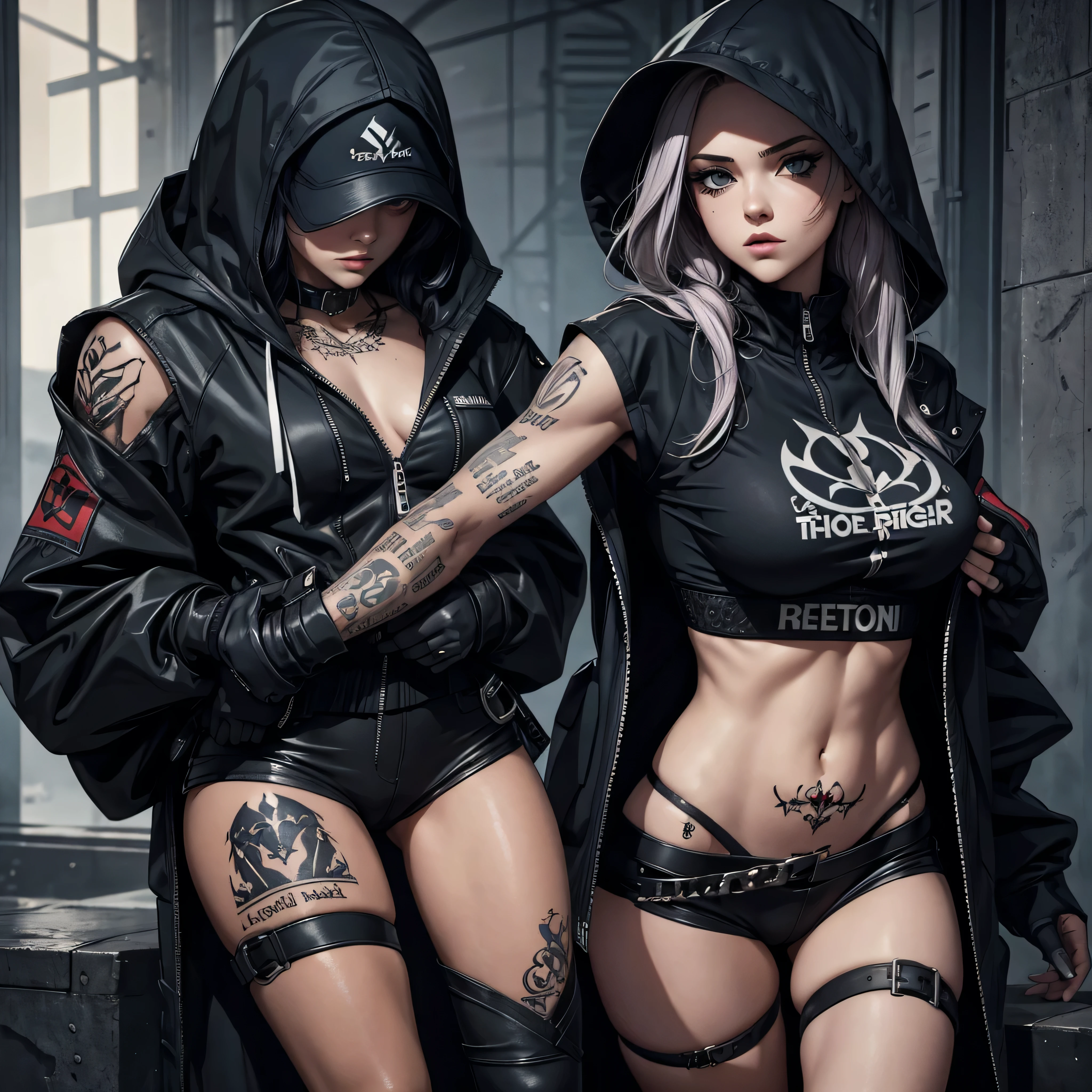 Artwork, une fille, gangster, avec une cagoule à tête de mort, tatouage sur tout le corps, agressif, armé, dark fantasy